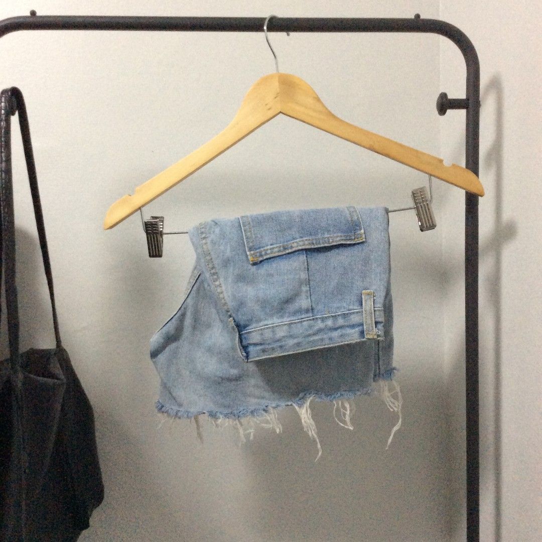 Denim pants bundle with denim jorts (Category: Shorts) located in Manila. Submitted by swishyyy (Listing ID 1466834043, Image 3). Description: - Light wash denim shorts - High-waisted style with pleated front - Trendy raw frayed hem - Convenient dual front pockets - Perfect for casual everyday wear.