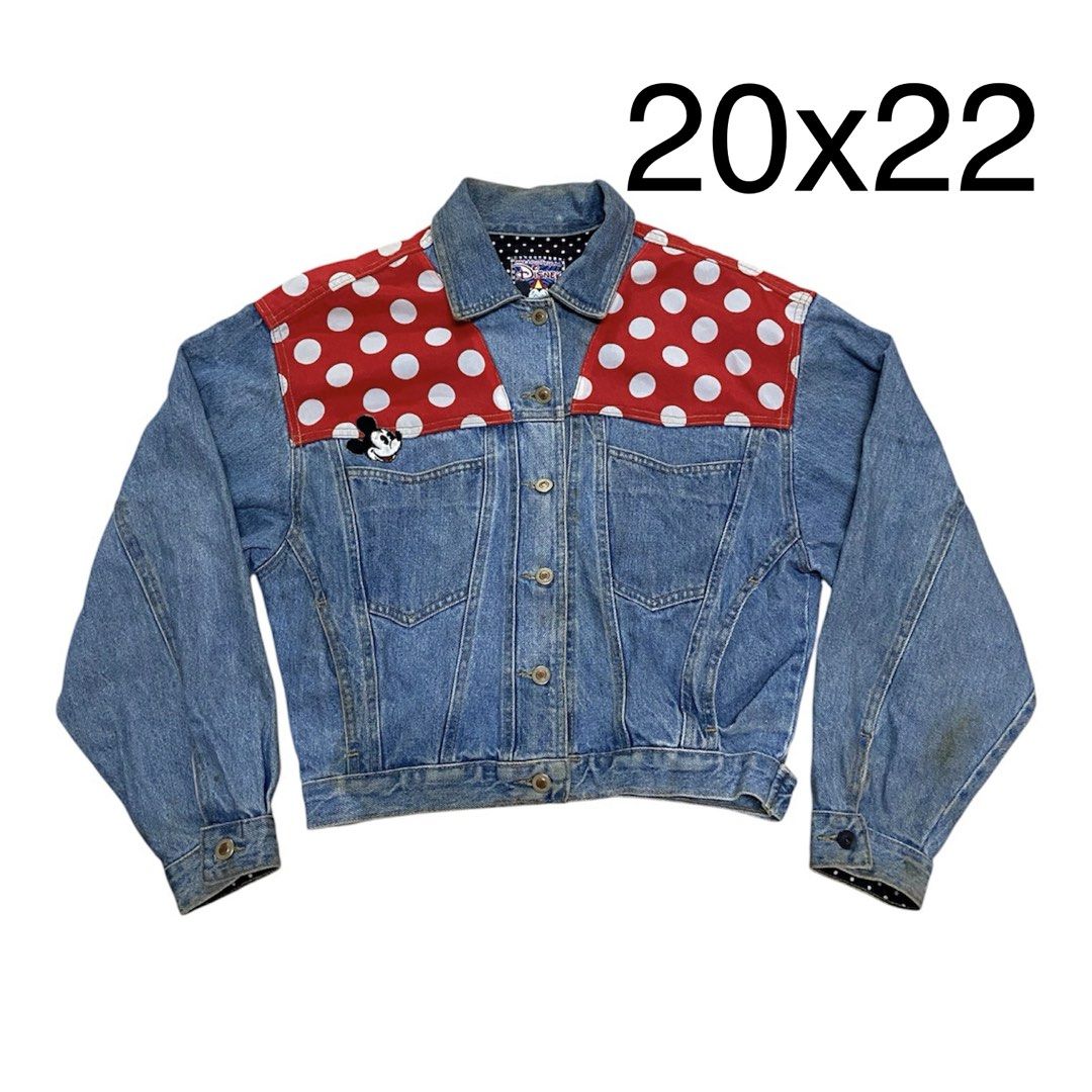 Disney Mickey Mouse Denim Jacket Red Polka Dot (Category: Coats, Jackets and Outerwear) located in Binan City. Submitted by doze16 (Listing ID 1466864784, Image 1). Description: - Vintage denim jacket with playful red and white polka dot panels - Features a cute Mickey Mouse embroidered patch on the front pocket - Large, eye-catching Mickey and Minnie Mouse embroidery on the back - Classic button-up front design with durable metal buttons - Tagge
