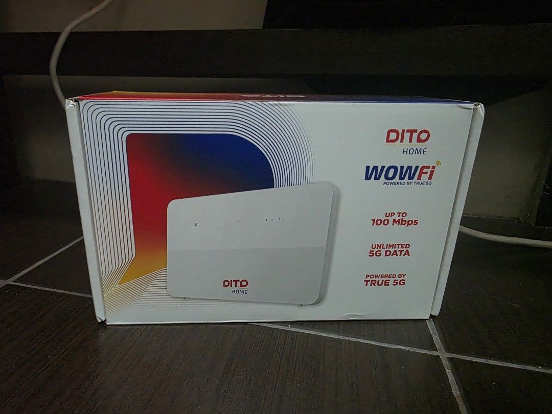 DITO Home WOWFi True 5G Router (Category: Networking) located in Pasig City. Submitted by shengshenge (Listing ID 1466868640, Image 1). Description: - Brand: DITO Home WOWFi Wireless Router - Speed: Powered by True 5G network up to 100 Mbps - Data: Unlimited 5G data capability for non-stop streaming and gaming - Condition: Factory box packaging included - Ideal for: Hassle-free, high-speed home internet setup.
