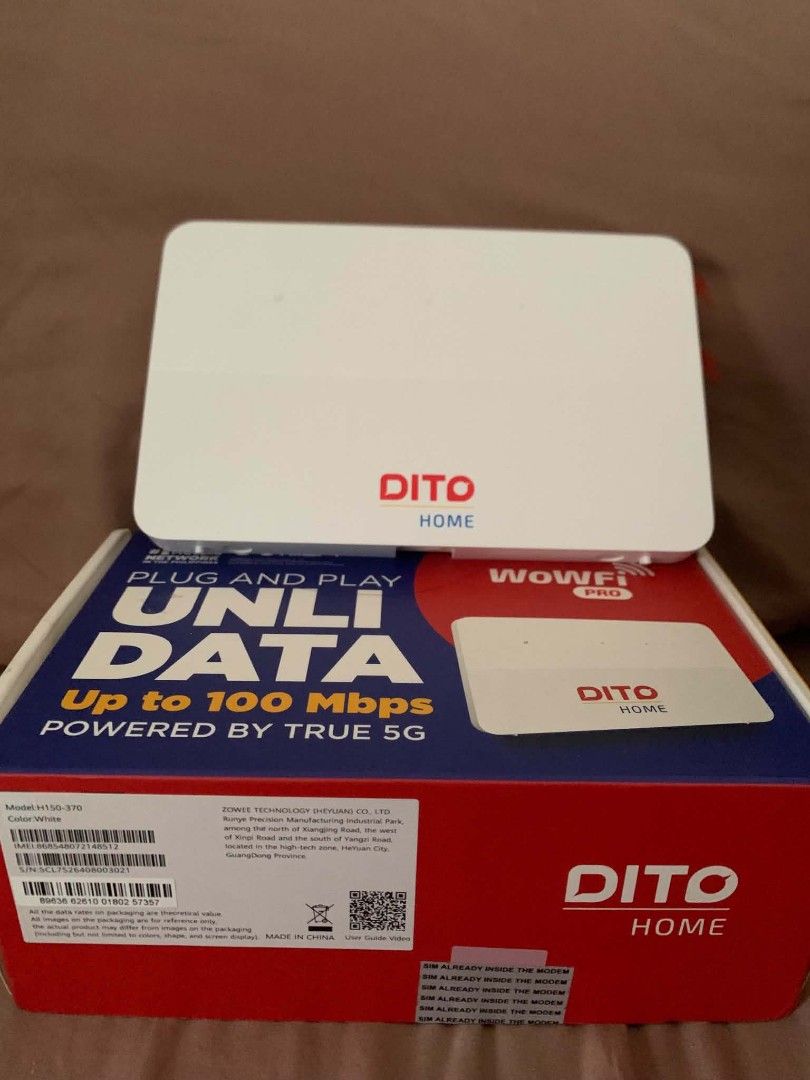 dito home wifi pro (Category: Networking) located in Manila. Submitted by namaste888 (Listing ID 1466838221, Image 3). Description: ndi halos nagmit.. bagong bago talaga complete charger / box rfs: nagpa kabit nalang ng converge.