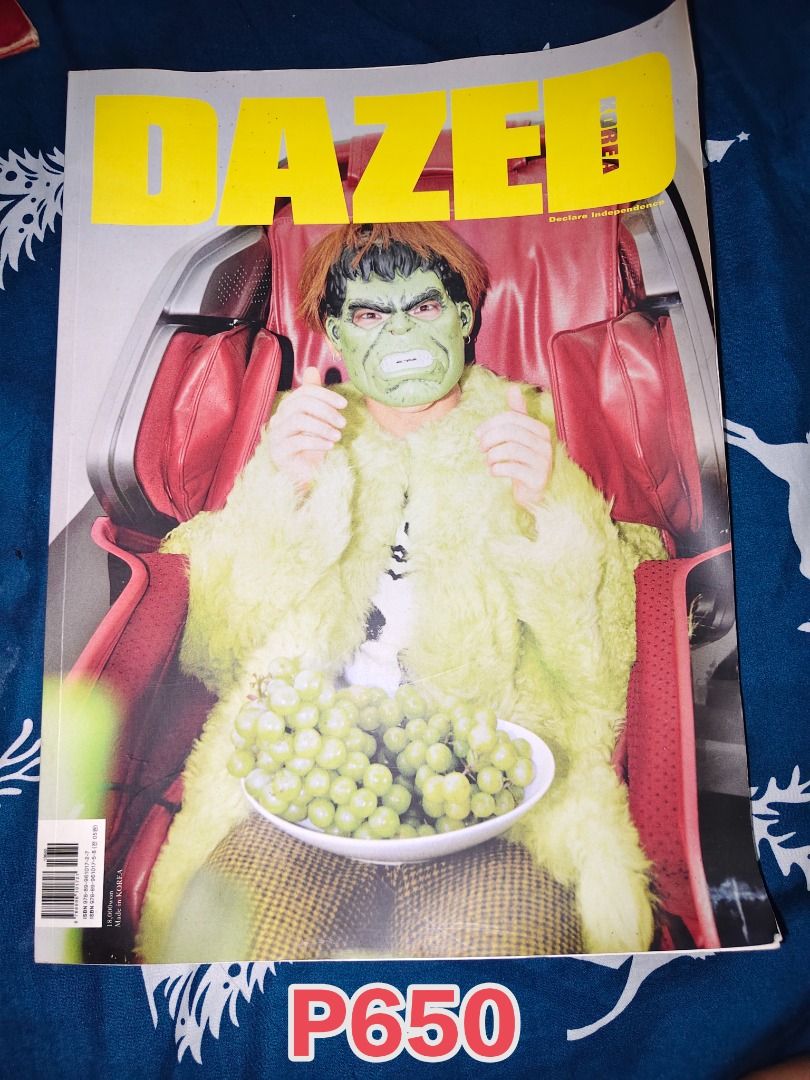 DLITE DAESUNG <DAZED Korea Magazine> (Category: Magazines) located in Manila. Submitted by engrkkkk (Listing ID 1466845196, Image 1). Description: - Item: DAZED Korea Magazine (Issue with yellow header) - Cover: Unique cover featuring a person in a Hulk mask holding grapes - Format: Large, high-quality glossy fashion publication - Condition: Good collector's piece - Perfect for: Fans of alternative culture, fashion, and edgy photography - Shippin
