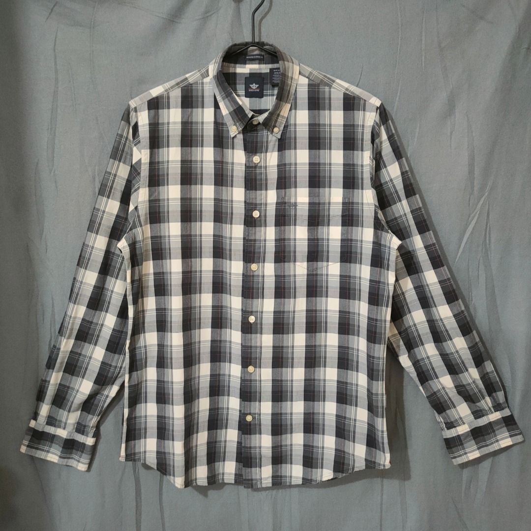 Dockers plaid button-down shirt (modern classic fit) (Category: Formal Shirts) located in Makati City. Submitted by Xerberus (Listing ID 1466799913, Image 1). Description: This is a Dockers modern classic fit plaid button-down shirt in a gray, black, and off-white pattern. The sizing tag "S / P / CH" on your Dockers shirt indicates that it is a men's Size Small translated for different regional markets: • S = Small (English) • P = Petit (French f