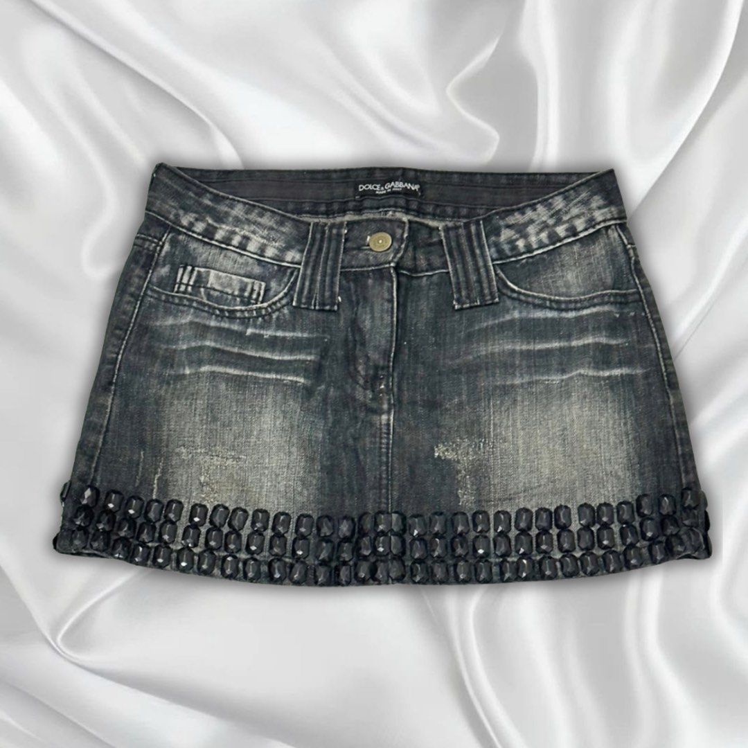 Dolce & Gabbana Y2K Studded Grey Denim Micro Mini (Category: Skirts) located in Cabanatuan. Submitted by calliethrifts (Listing ID 1466899184, Image 1). Description: Dolce & Gabbana Y2K Studded Grey Denim Micro Mini ﹒⟡ 🌺 𝗦𝗜𝗭𝗘 & 𝗗𝗘𝗧𝗔𝗜𝗟𝗦 ⟡﹒ fits 28-29 wl w/ loose embellishments 🫧 price 🦋 mine — 199 (au).