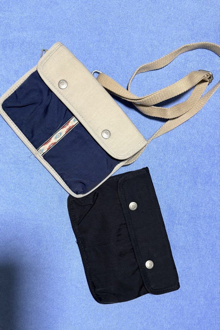 Doughnut Crossbody bag set (Category: Cross-body Bags) located in Dasmarinas. Submitted by toyang50 (Listing ID 1466774620, Image 1). Description: Crossbody bag with beige flap and blue fabric body featuring a patterned stripe detail. Long adjustable beige strap included. Separate solid black pouch with snap buttons included in the set. Handy for daily errands or casual outings. Clean condition overall. 750 set.