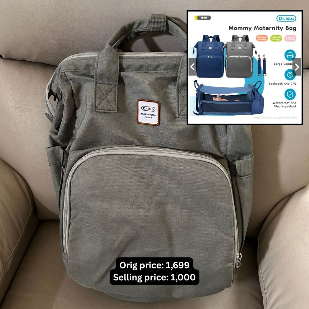 Dr. Isla Mommy Maternity Bag Backpack and Crib (Category: Backpacks) located in Manila. Submitted by faithmillares (Listing ID 1466963756, Image 1). Description: - Brand: Dr. Isla - Item: Mommy Maternity Bag & Portable Crib - Color: Grey - Price: Php 1,000 (Original Price: Php 1,699) - Converts easily from a stylish backpack to a portable baby crib - Large capacity with multiple interior storage compartments - Made from waterproof and wear-resist