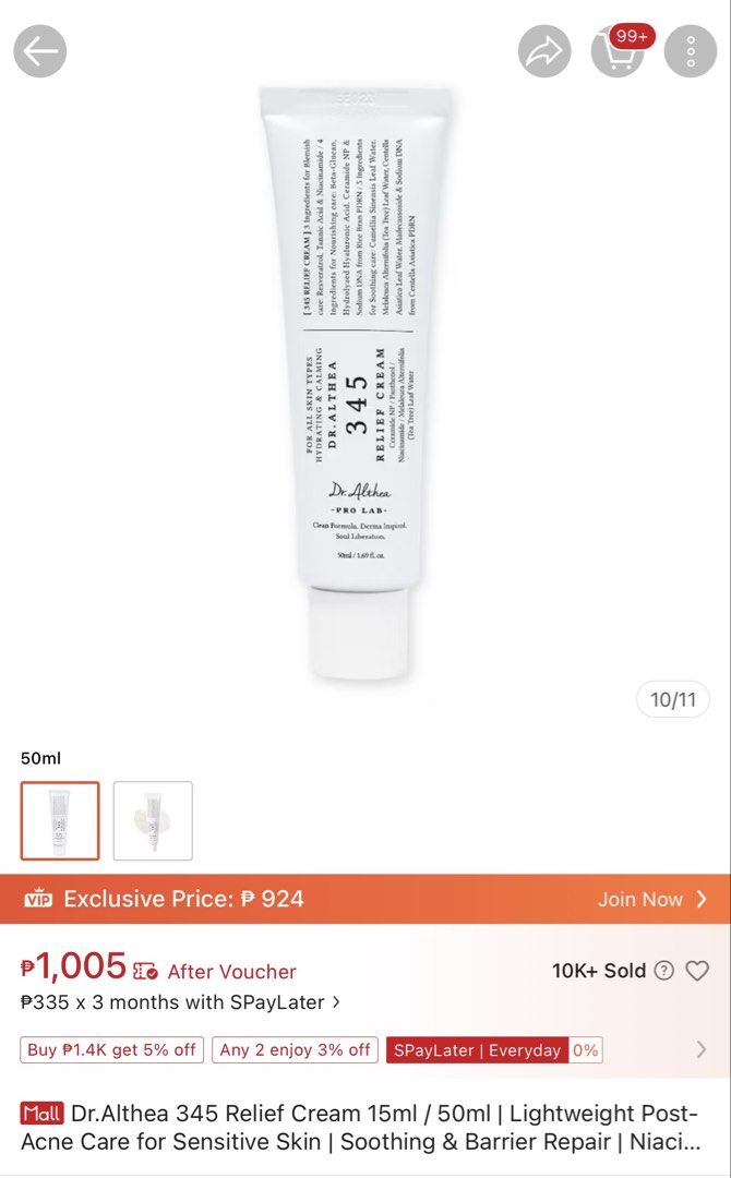 dr.althea 345 Relief Cream 50ml (Category: Face Care) located in Santa Rosa. Submitted by audreyhepburn2025 (Listing ID 1466848220, Image 1). Description: - Product: Dr.Althea 345 Relief Cream (50ml tube) - Condition: Brand new, unopened, and ready for use - Key Benefits: Hydrates, calms blemishes, soothes redness, and repairs the skin barrier - Key Ingredients: Niacinamide, ceramides, panthenol, and centella - Texture: Lightweight and fast-absor