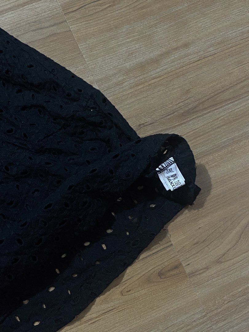 Dress L-semi XL🤍 (Category: Dresses) located in Bulacan. Submitted by Spothings (Listing ID 1466944774, Image 3). Description: Length: 35" Super black in person Side zipper - Style: Black eyelet lace dress with short sleeves - Design: Intricate cut-out patterns and a scoop neckline with matching trim - Waist: Fitted waist featuring a stylish crochet lace inset - Fit/Size: Tag shows size 3XL, includes comfortable inner lining - Condition: Excelle