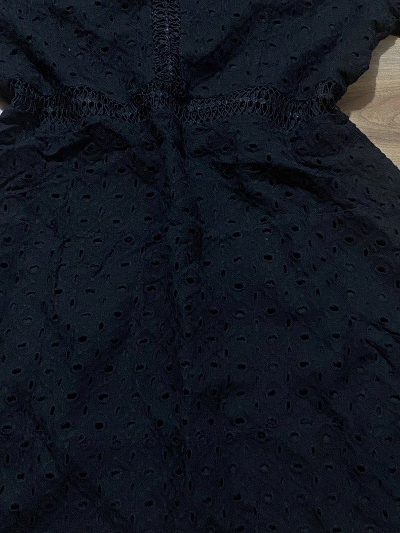Dress L-semi XL🤍 (Category: Dresses) located in Bulacan. Submitted by Spothings (Listing ID 1466944774, Image 2). Description: Length: 35" Super black in person Side zipper - Style: Black eyelet lace dress with short sleeves - Design: Intricate cut-out patterns and a scoop neckline with matching trim - Waist: Fitted waist featuring a stylish crochet lace inset - Fit/Size: Tag shows size 3XL, includes comfortable inner lining - Condition: Excelle