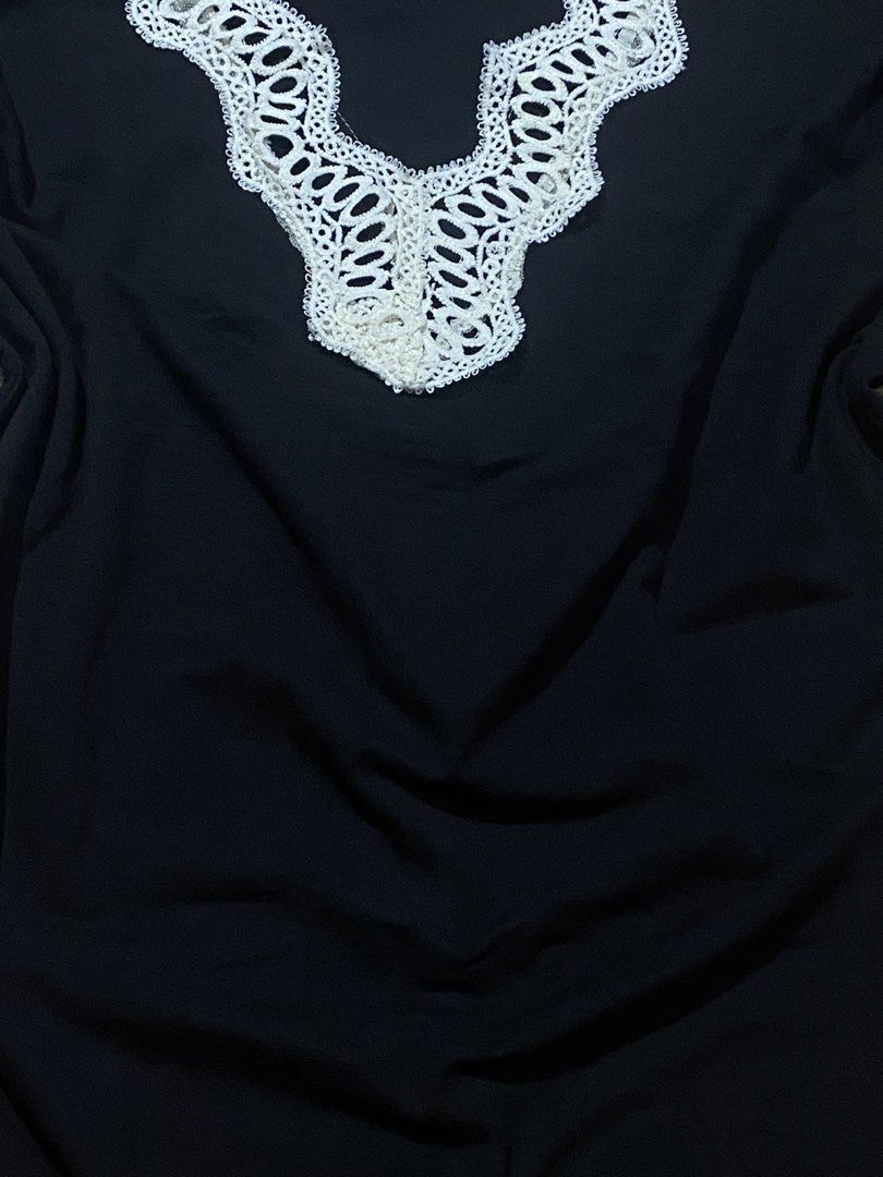 Dress L-XL🤍 (Category: Dresses) located in Bulacan. Submitted by Spothings (Listing ID 1466943764, Image 2). Description: Length: 34" Super black in person Cotton Stretchable - Color: Black with white crochet lace contrast - Style: V-neck, short sleeves, relaxed fit - Details: Beautiful crochet trim on neckline and cuffs - Fabric: Smooth, comfortable material - Size: Tag reads FR - Condition: Great for casual outings and daily wear.