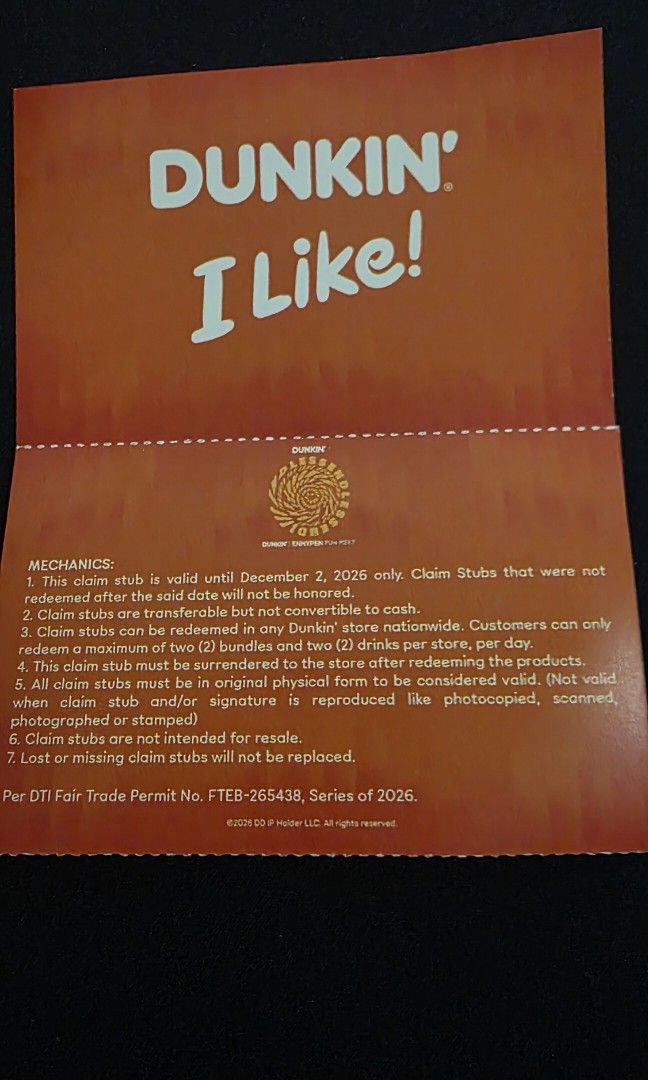 Dunkin' Vouchers (Transferable) (Category: Other Food & Drinks) located in Caloocan City. Submitted by seokjinie27 (Listing ID 1466969733, Image 2). Description: Selling my Dunkin’ vouchers from the ENHYPEN Endless Dunkin’ Fun Meet last Oct. 3 so they won't go to waste! 🍩✨ Total voucher worth 1,700. Selling for only 1,100. ​Condition: Brand new / Unused physical stubs ​Transferability: Explicitly marked as TRANSFERABLE at the back ​Valid Until: 