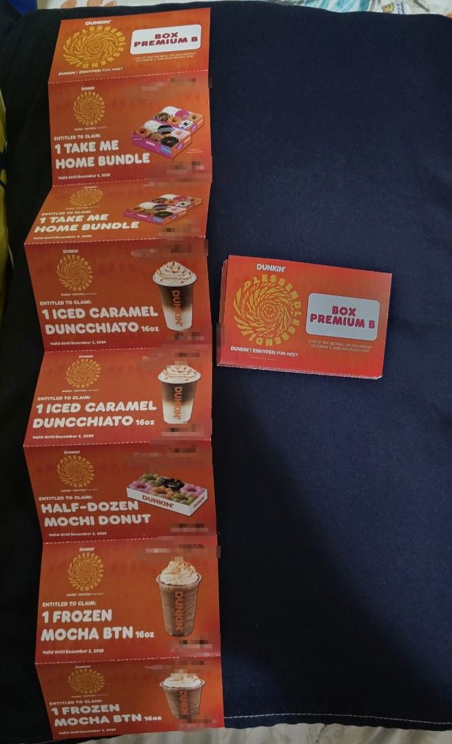Dunkin' Vouchers (Transferable) (Category: Other Food & Drinks) located in Caloocan City. Submitted by seokjinie27 (Listing ID 1466969733, Image 1). Description: Selling my Dunkin’ vouchers from the ENHYPEN Endless Dunkin’ Fun Meet last Oct. 3 so they won't go to waste! 🍩✨ Total voucher worth 1,700. Selling for only 1,100. ​Condition: Brand new / Unused physical stubs ​Transferability: Explicitly marked as TRANSFERABLE at the back ​Valid Until: 