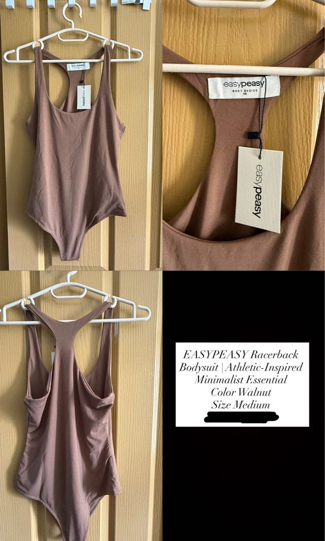 EASYPEASY Racerback Bodysuit Walnut Medium (Category: Sleeveless) located in Pasig City. Submitted by kellyvijandre (Listing ID 1466793505, Image 1). Description: - Brand: EASYPEASY - Style: Minimalist athletic racerback bodysuit - Color: Walnut Brown - Size: Medium - Condition: Brand new with tags (BNWT), original paper tag attached on collar label.