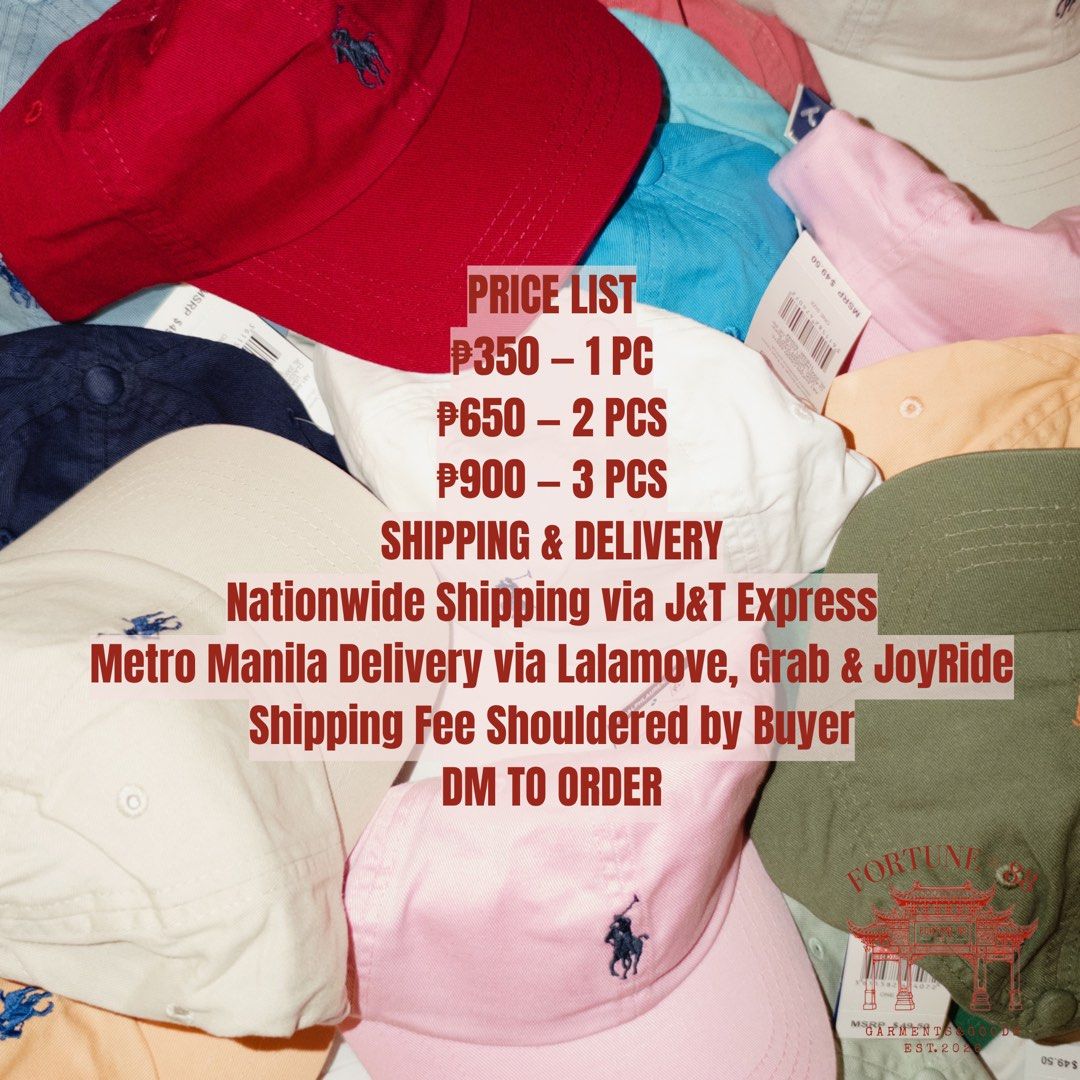 Embroidered Pony Logo Baseball Caps (Category: Caps & Hats) located in Paranaque City. Submitted by f0rtune_88 (Listing ID 1466958952, Image 2). Description: Price: ₱350 each Bulk Price: ₱8,400 for 30 pcs (₱280 each) Style: Classic Baseball Cap Design: Embroidered Pony Logo Authenticity: Non-authentic / Imitation Bulk orders available! All 30 pcs take-all for ₱8,400. Please note that these caps are not authentic Ralph Lauren products..