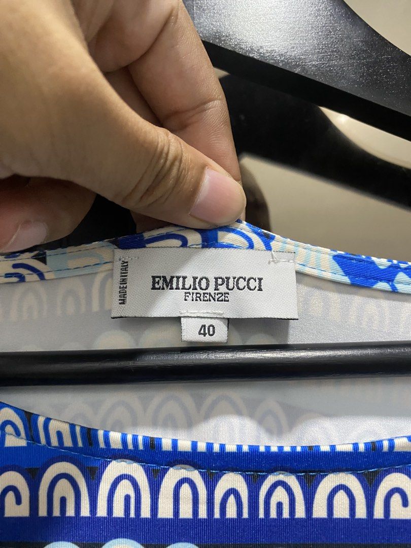 Emilio Pucci Firenze Blue Patterned Silk Dress Size 40 (Category: Dresses) located in Manila. Submitted by hell_market (Listing ID 1466925559, Image 2). Description: - Brand: Emilio Pucci Firenze - Material: 100% luxurious silk jersey - Pattern: Iconic bold blue, black, and white graphic design - Size: IT 40 - Features: Three-quarter sleeves and built-in waist tie belt for a flattering fit - Origin: Made in Italy - Care: Dry clean only - Conditio