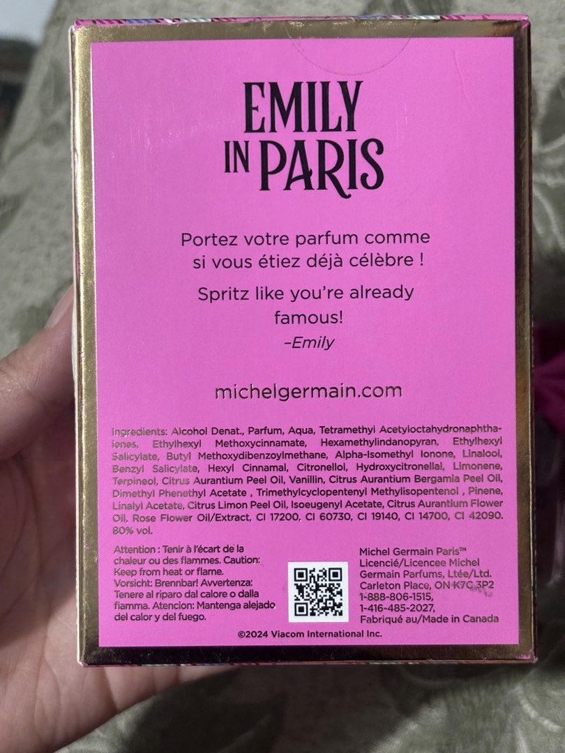 Emily in Paris Michel Germain Eau de Parfum 30ml (Category: Fragrance & Deodorants) located in Manila. Submitted by pochieee2916 (Listing ID 1466893924, Image 3). Description: - Item: Michel Germain Emily in Paris Eau de Parfum - Size: 30 ml / 1.0 fl. oz. - Condition: Brand new, unused (box opened for photos only) - Packaging: Includes original vibrant pink and plaid box with cute neck ribbon - Authentic and ready to ship.