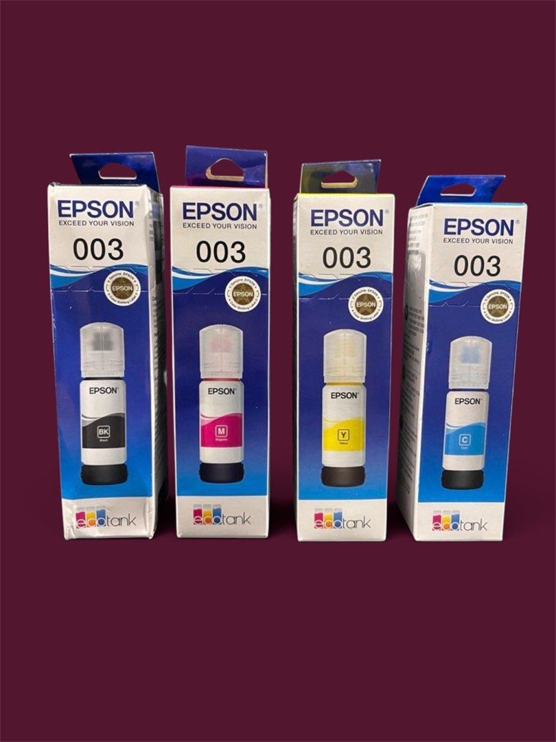 Epson 003 EcoTank Ink Bottles Set (Category: Printers, Scanners & Copiers) located in Quezon City. Submitted by littleparties (Listing ID 1466855611, Image 1). Description: - Complete set: Black, Magenta, Yellow, and Cyan - 100% original Epson 003 EcoTank ink bottles - Unopened boxes with clear model numbers - Ideal backup supply for compatible Epson printers - Selling as a full set.