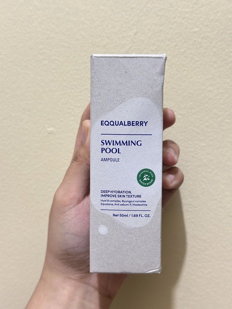 Eqqualberry Swimming Pool Ampoule 50ml (Category: Face Care) located in Quezon City. Submitted by kbeautyfinds (Listing ID 1466964340, Image 1). Description: - Product: Eqqualberry Swimming Pool Ampoule - Size: 50ml, brand new and unopened in original box - Origin: Made in Korea - Expiry Date: 25/08/2028 - Key Ingredients: Hyal 8 complex, Byungpul complex, squalane, anti-sebum P, and madewhite - Benefits: Provides deep hydration and balances skin