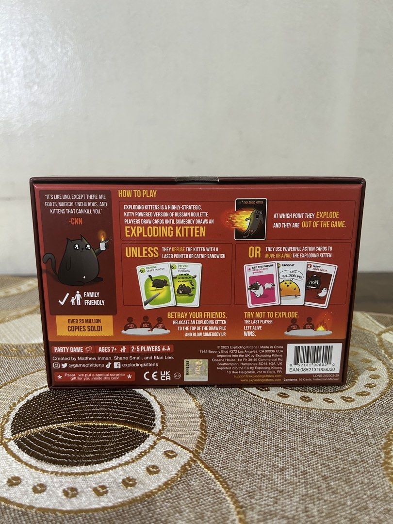 Exploding Kittens Original Edition Card Game | Complete + Sleeved (Category: Board Games & Puzzles) located in Pasig City. Submitted by ro1yel (Listing ID 1466802873, Image 3). Description: Original Exploding Kittens: Original Edition card game. Complete 56-card set, with all cards individually sleeved for protection. Original Exploding Kittens: Original Edition card game, purchased from GeekBox.PH for ₱1,650. Proof of purchase available upon req