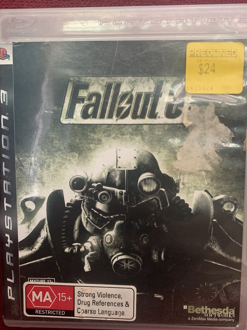Fallout 3 PlayStation 3 PS3 Game (Category: PlayStation) located in Makati City. Submitted by emenem.m (Listing ID 1466804339, Image 1). Description: - Platform: PlayStation 3 (PS3) - Title: Fallout 3 - Publisher: Bethesda Softworks - Rating: MA 15+ (Strong Violence, Drug References, Coarse Language) - Condition: Pre-owned with original EB Australia sticker on the case - Format: Blu-ray Disc.