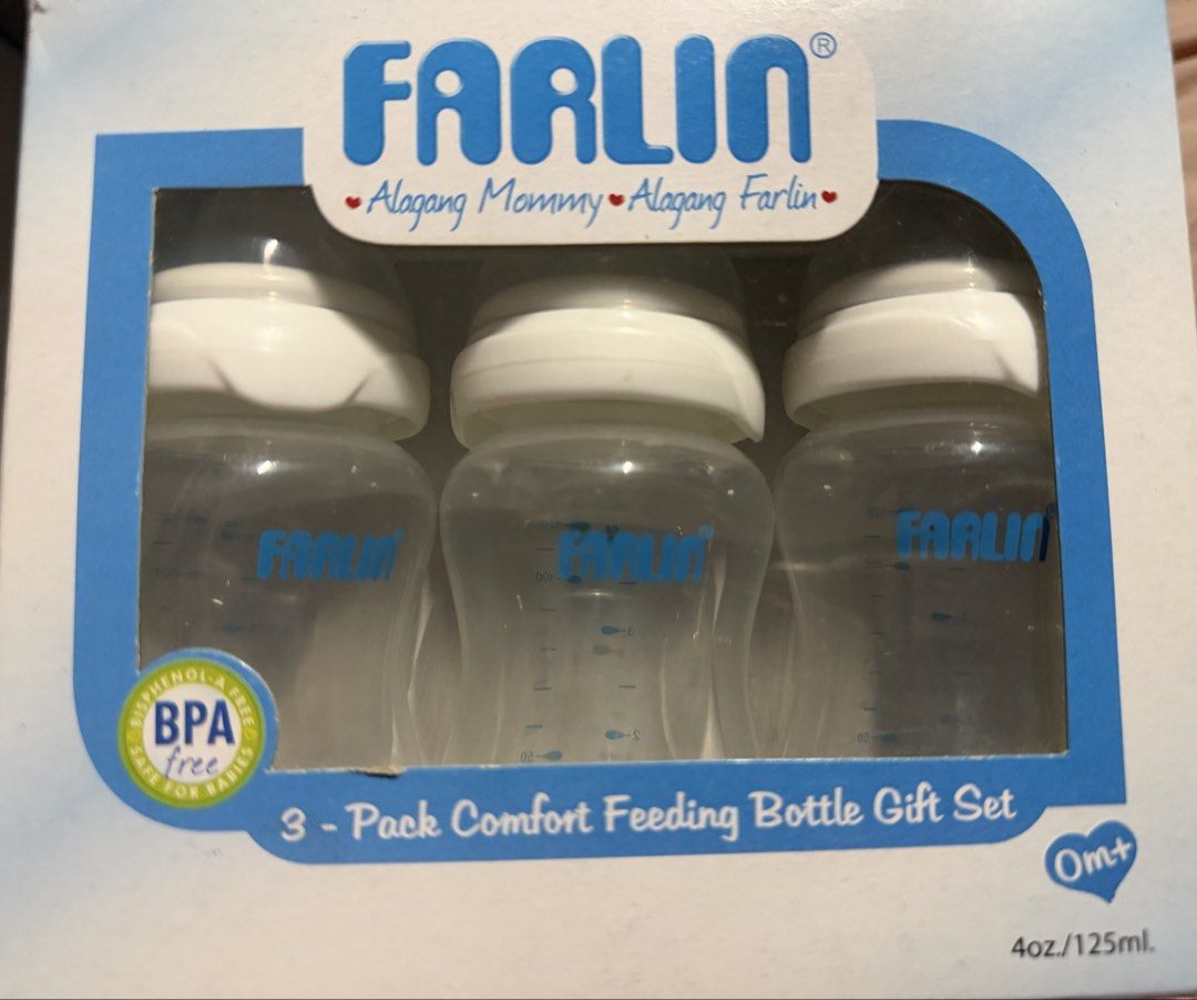 Farlin 3-Pack Comfort Feeding Bottle Gift Set 4oz (Category: Breastfeeding & Bottle Feeding) located in Quezon City. Submitted by parischanelcollection (Listing ID 1466970463, Image 1). Description: - Used (few times only like 2-3x) Farlin comfort feeding bottle gift set - Contains 3 bottles, 4oz/125ml capacity each - Suitable for newborns (0m+) - Anti-colic system with V-valve technology for smooth milk flow - 100% BPA-free, food-grade, and safe