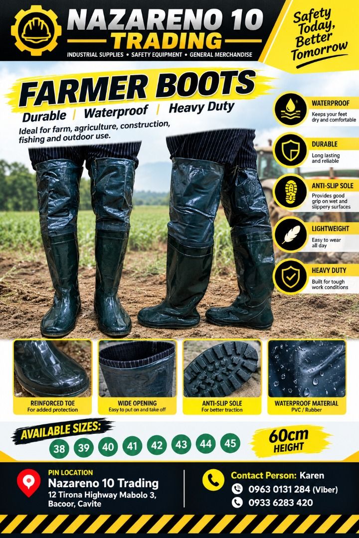 FARMER BOOTS (Category: Looking For) located in Bacoor. Submitted by kajezame.2021 (Listing ID 1466819322, Image 1). Description: FARMER BOOTS For More Details and Discount Contact Ms. Karen NAZARENO 10 TRADING 0963 0131 284 0933 6283 420 0956 7028 557 0933 8559 510 Landline: Look for Ms. Karen (046 ) 416 3920 Also available: • Traffic cone • Parking Block stopper • Hooded trash bin • Road Plastic Barrier • Spill boom • Fishing buoy • Spill Kit •