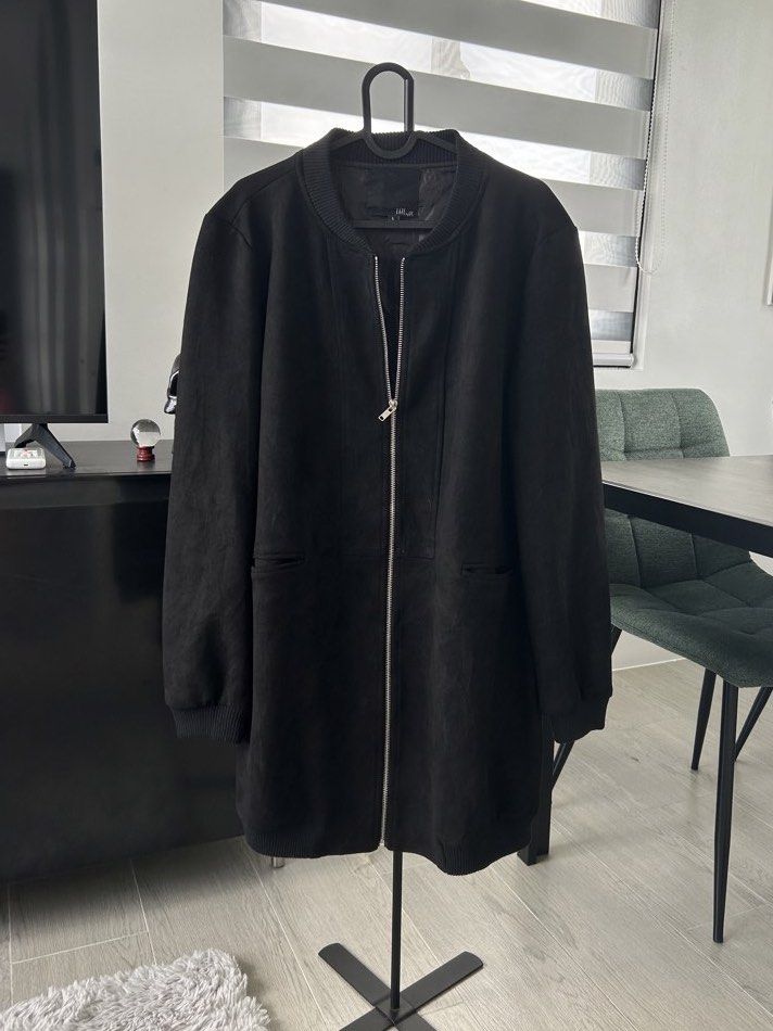 Fate by L.C. Black Suede Long Bomber Jacket (L) (Category: Coats, Jackets and Outerwear) located in Dasmarinas. Submitted by sfclosetcleanup (Listing ID 1466801084, Image 1). Description: 17 x 30 Color rate 10/10.
