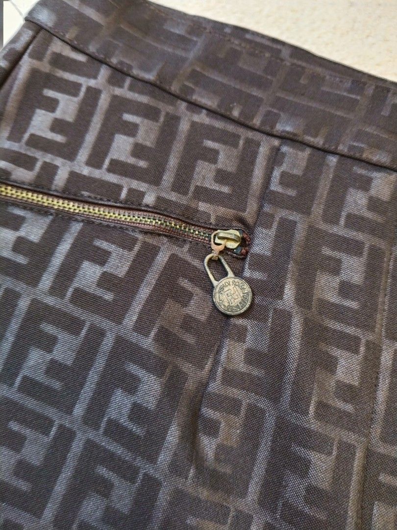 Fendi Jeans Monogram Zipped Pants (Category: Jeans) located in Davao. Submitted by Mac_koyz (Listing ID 1466905920, Image 3). Description: - Authentic vintage Fendi Jeans pants in dark brown - Iconic all-over FF monogram pattern - Straight leg fit with stylish zipper pocket details on both sides - Size L (Made in Italy) - Material: 80% polyester, 20% spandex for great stretch and comfort - Care: Hand wash only.