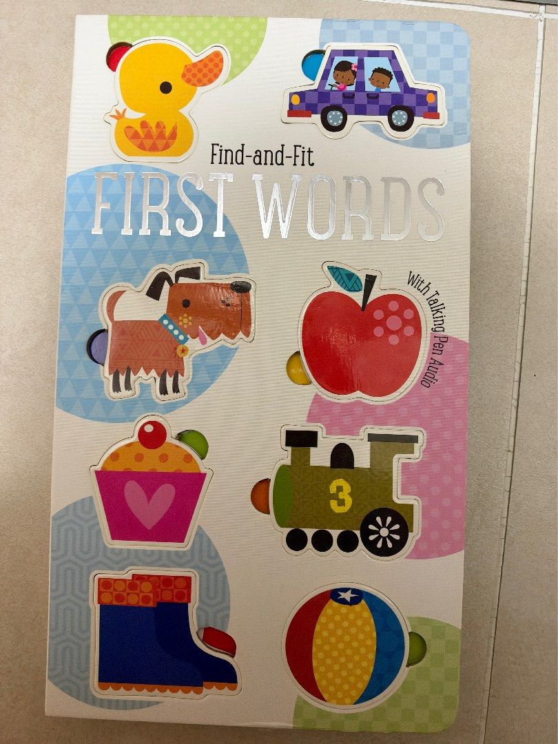 Find-and-Fit First Words 幼兒啟蒙拼圖木板 （分類：桌遊及拼圖）位於 Hong Kong。 由 soomf 提交（商品編號 1466784768，圖片 1）。簡介： 小朋友學字同配對嘅木製拼圖板。有車、蘋果、火車、波、鴨仔、小狗、蛋糕同鞋仔造型。色彩好鮮艷，仲支援 Talking Pen Audio 點讀筆，小朋友自己玩得開心又學到嘢。木板同拼塊都好企理，放咗一陣少玩，屋企清位平讓。。