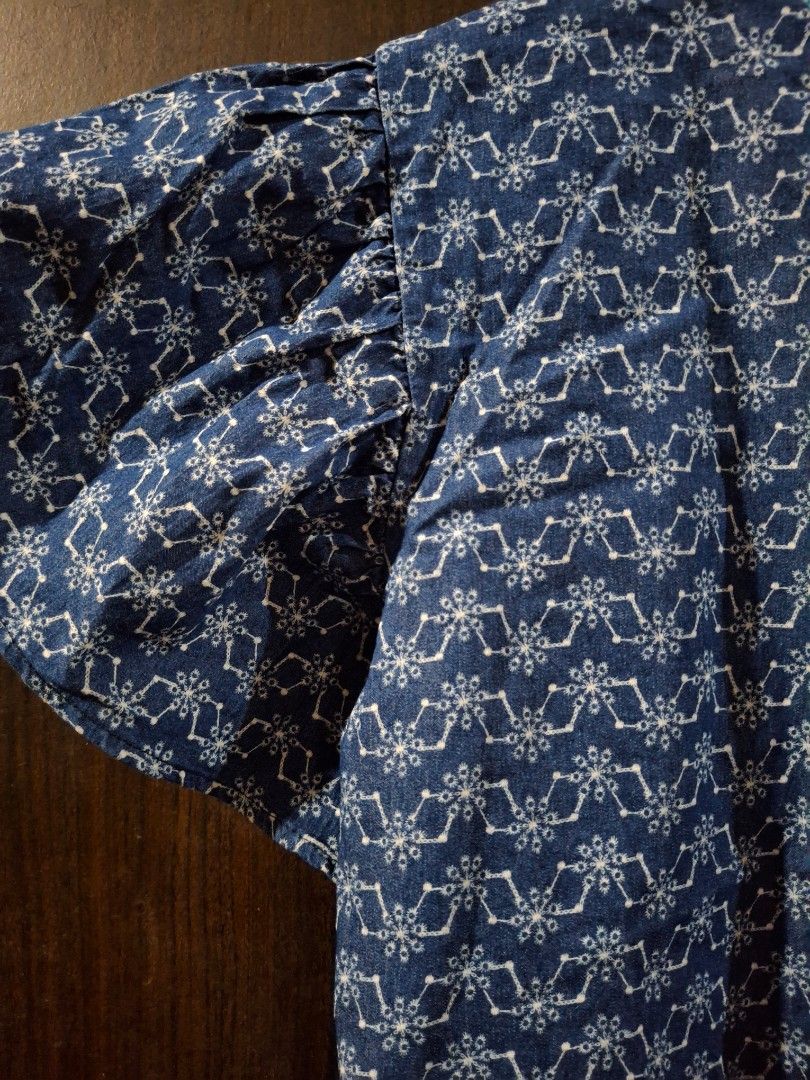 Flared sleeve blouse top (Category: Blouses) located in Caloocan City. Submitted by mei56313 (Listing ID 1466804429, Image 3). Description: - Color & Pattern: Deep blue with floral pattern - Sleeves: Short, voluminous flared sleeves - Neckline: Crew neck with light ruffled trim and front button placket - fits S to M.