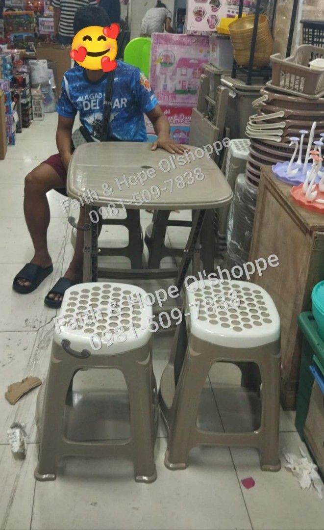 Foldable Plastic Table With Chairs Set (Category: Tables & Sets) located in Manila. Submitted by jamfrimzy089458 (Listing ID 1466827550, Image 2). Description: - Complete set: Portable folding table with matching plastic stools - Durable build: Ideal for both indoor and outdoor use - Space-saving: Folds down flat for effortless storage and transport - Versatile: Great for dining, studying, parties, or extra seating - Low maintenance: Easy to wipe