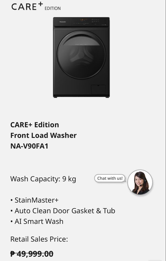 FOR SALE PANASONIC FRONT LOAD WASHING (Category: Washing Machines and Dryers) located in Caloocan City. Submitted by arv14 (Listing ID 1466781897, Image 1). Description: For Sale Panasonic Front Load Washing NA-V90FA1 9kg 33,999 NA-V10FA1 10kg 36,999 NA-V115FW1 11.5kg 40,999 NA-S056FR1 10.5/6kg 41,999 1 Year Warranty for parts and service Must be check by panasonic authorized service center only Pm for more info Thank you admin.