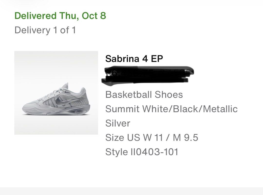 For Sale Sabrina 4 EP (Category: Sneakers) located in Caloocan City. Submitted by pietromonchien (Listing ID 1466899044, Image 1). Description: FOR SALE Sabrina 4 EP Size 9.5 M/ 11 W Bought from Nike App. Delivered yesterday. Sinukat lang, hindi nagamit. RFS: Hindi kasya Inclusions: Shoebox Pm for interested and inquiries Location: Novaliches Quezon City and North Caloocan Thank you!.