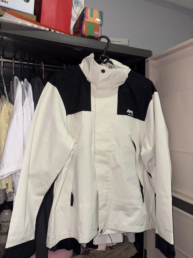 FOR SALE: WATERPROOF HIKING JACKET (Category: Coats, Jackets and Outerwear) located in Manila. Submitted by angel_1503 (Listing ID 1466785233, Image 2). Description: Color: Off White Size: XS (50-58kg) Detachable hood 2 pockets (may pocket din sa loob) Used once for Pulag hike.