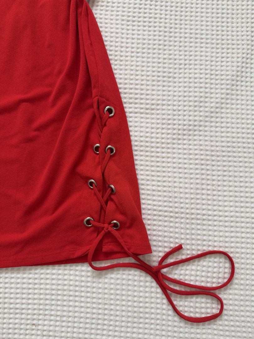 Forever 21 Red Off-Shoulder Mini Dress (Category: Dresses) located in Baguio. Submitted by blnxxx (Listing ID 1466965548, Image 2). Description: Lace-up side S on tag Adjustable side drawstrings and silver grommets with lace-up detail on the left hem.