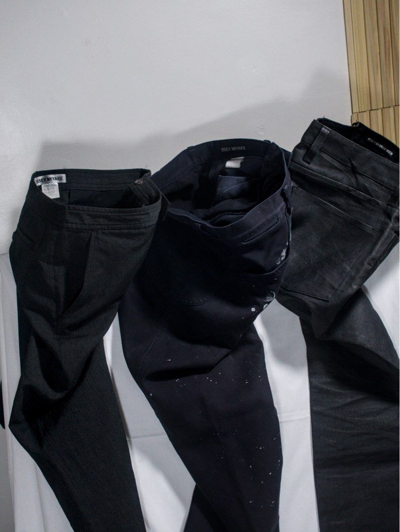 FR-002 Issey Miyake Samples (Category: Jeans) located in Quezon City. Submitted by soourceph (Listing ID 1466786750, Image 2). Description: full experience at ‘soourceph’ 1. Issey Miyake White Tag 2005 Relaxed Wool Straight Leg 2. sold 3. sold 4. Issey Miyake 1998 Thermal Lined Trainers 3rd pair is customized through years of wear, with heel bites, paint-splatter details, and coin pressed prints. .