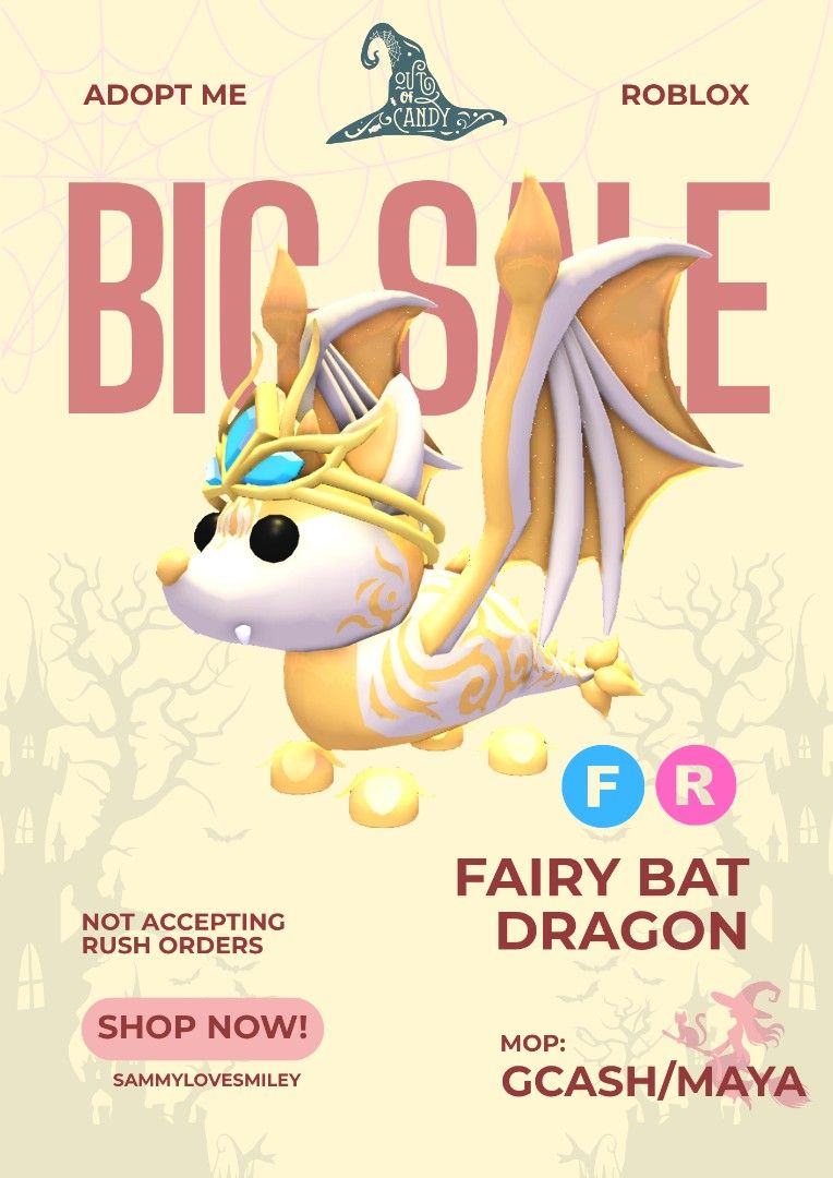 FR Fairy Bat Dragon Adopt Me (Category: In-Game Products) located in Iligan City. Submitted by sammylovesmiley (Listing ID 1466898472, Image 1). Description: ☞dm me for fast transaction ☞only accepting GCASH and MAYA for payment ☆fixed price ☆ No refund after the trade.