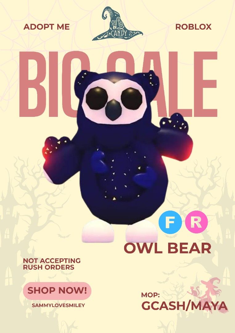 FR Owl Bear Adopt Me (Category: In-Game Products) located in Iligan City. Submitted by sammylovesmiley (Listing ID 1466781357, Image 1). Description: ☞dm me for fast transaction ☞only accepting GCASH and MAYA for payment ☆fixed price ☆ No refund after the trade.