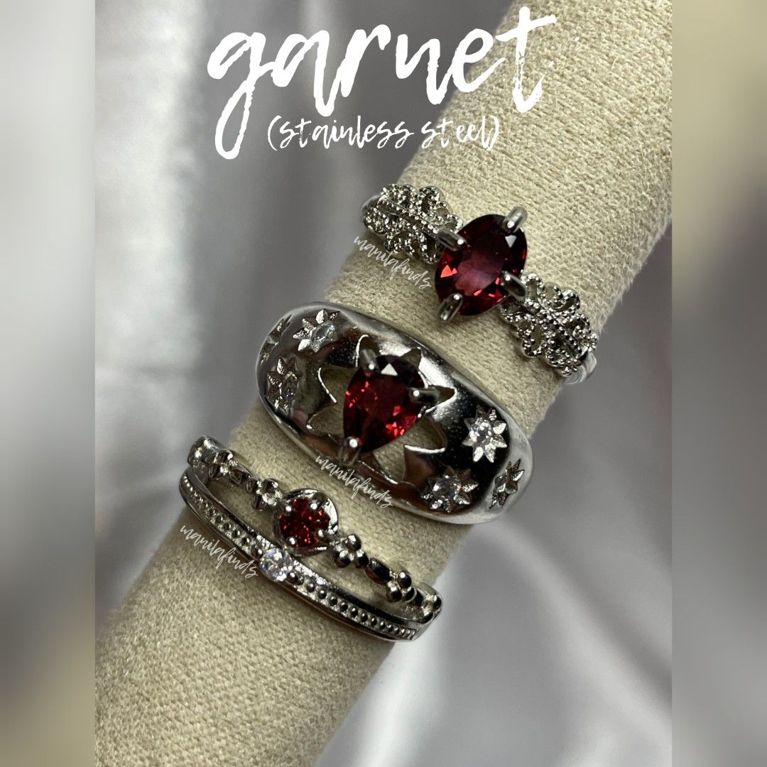 Garnet adjustable stainless rings (Category: Rings) located in Caloocan City. Submitted by manilafinds. (Listing ID 1466940275, Image 1). Description: ⚜️ Garnet ⚜️ (batch 1 of 2) #manilafindsRings ✔️ Stainless Steel ✔️ Adjustable Fit 🎀 𝗔𝘃𝗮𝗶𝗹𝗮𝗯𝗹𝗲 𝗼𝗻 𝗺𝘂𝗹𝘁𝗶𝗽𝗹𝗲 𝗽𝗹𝗮𝘁𝗳𝗼𝗿𝗺𝘀 — 𝗳𝗶𝗿𝘀𝘁 𝘁𝗼 𝗽𝗮𝘆, 𝗳𝗶𝗿𝘀𝘁 𝘁𝗼 𝘀𝗲𝗰𝘂𝗿𝗲. 🎀 1️⃣ ₱450 2️⃣ ₱500 3️⃣ ₱330 👆🏼 Tap ➡️ #MNLFindsAVAILABLE ⬅️ to view all available items. ━━━━