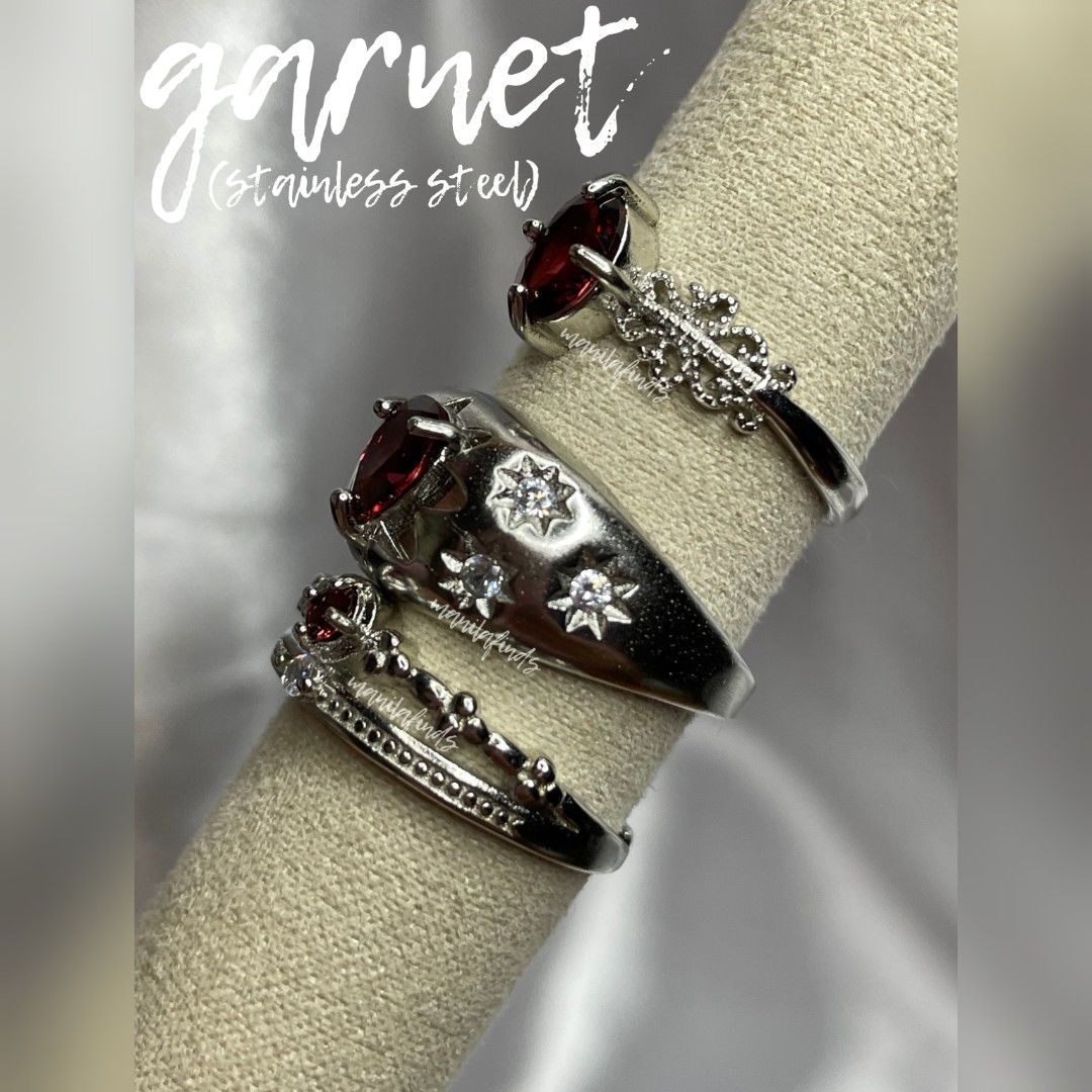 Garnet adjustable stainless rings (Category: Rings) located in Caloocan City. Submitted by manilafinds. (Listing ID 1466940275, Image 3). Description: ⚜️ Garnet ⚜️ (batch 1 of 2) #manilafindsRings ✔️ Stainless Steel ✔️ Adjustable Fit 🎀 𝗔𝘃𝗮𝗶𝗹𝗮𝗯𝗹𝗲 𝗼𝗻 𝗺𝘂𝗹𝘁𝗶𝗽𝗹𝗲 𝗽𝗹𝗮𝘁𝗳𝗼𝗿𝗺𝘀 — 𝗳𝗶𝗿𝘀𝘁 𝘁𝗼 𝗽𝗮𝘆, 𝗳𝗶𝗿𝘀𝘁 𝘁𝗼 𝘀𝗲𝗰𝘂𝗿𝗲. 🎀 1️⃣ ₱450 2️⃣ ₱500 3️⃣ ₱330 👆🏼 Tap ➡️ #MNLFindsAVAILABLE ⬅️ to view all available items. ━━━━