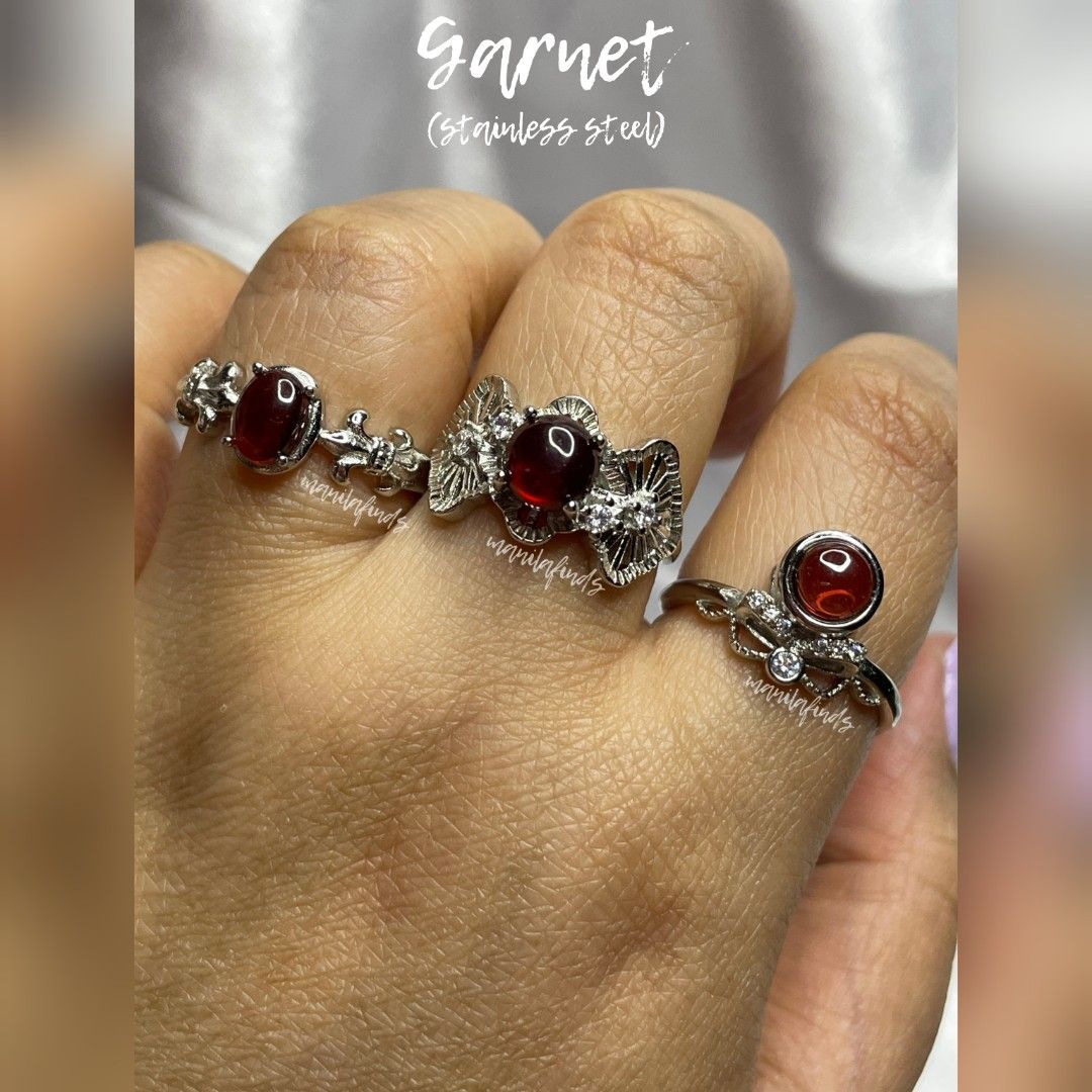 Garnet adjustable stainless steel rings (Category: Rings) located in Caloocan City. Submitted by manilafinds. (Listing ID 1466946384, Image 2). Description: ⚜️ Garnet ⚜️ (batch 2 of 2) #manilafindsRings ✔️ Stainless Steel ✔️ Adjustable Fit 🎀 𝗔𝘃𝗮𝗶𝗹𝗮𝗯𝗹𝗲 𝗼𝗻 𝗺𝘂𝗹𝘁𝗶𝗽𝗹𝗲 𝗽𝗹𝗮𝘁𝗳𝗼𝗿𝗺𝘀 — 𝗳𝗶𝗿𝘀𝘁 𝘁𝗼 𝗽𝗮𝘆, 𝗳𝗶𝗿𝘀𝘁 𝘁𝗼 𝘀𝗲𝗰𝘂𝗿𝗲. 🎀 1️⃣ ₱390 2️⃣ ₱430 3️⃣ ₱370 👆🏼 Tap ➡️ #MNLFindsAVAILABLE ⬅️ to view all available items
