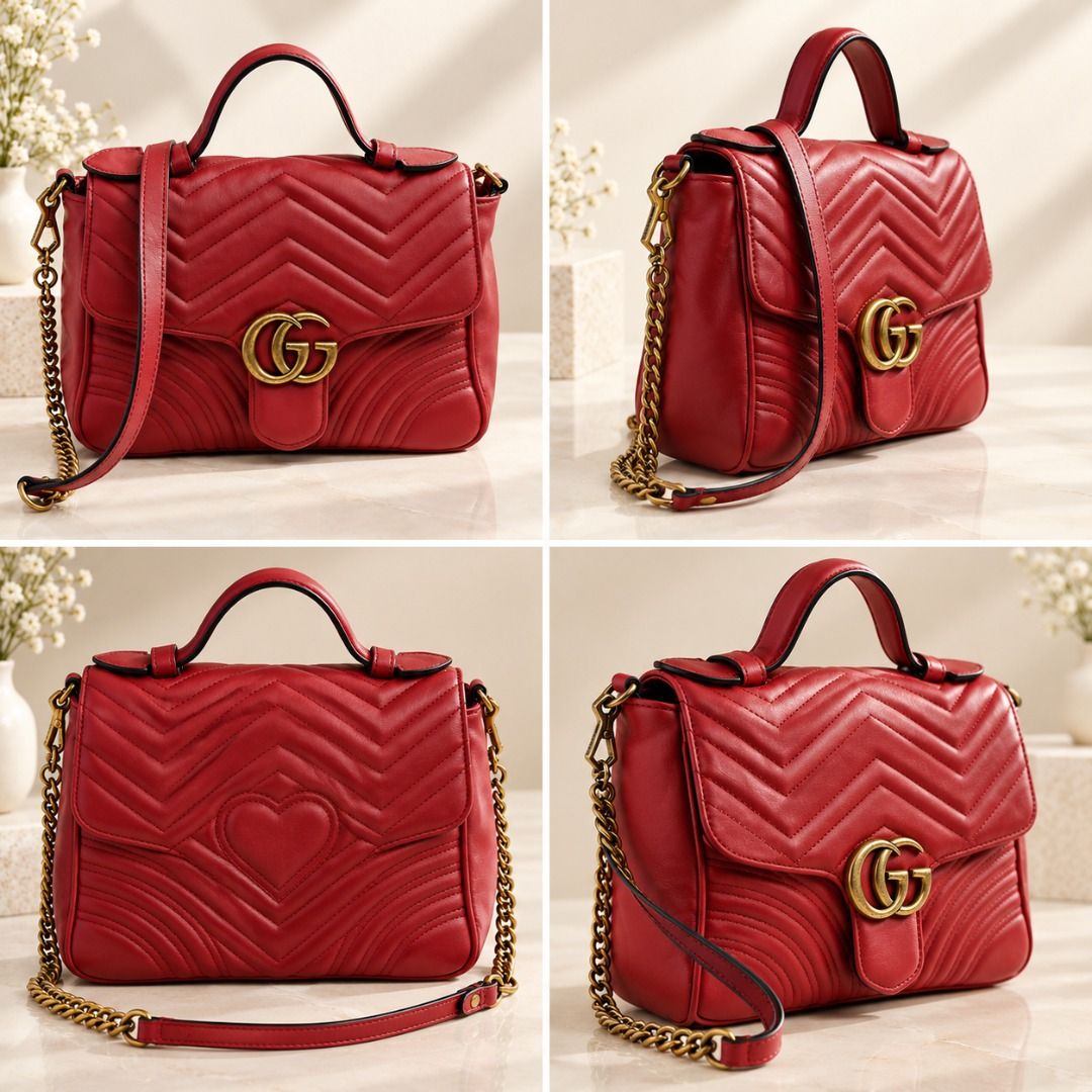 GG Red Quilted Shoulder Bag (Category: Luxury Bags & Wallets) located in Basud. Submitted by ClaireLavin (Listing ID 1466795066, Image 3). Description: Red Quilted Top-Handle & Chain Shoulder Bag Product Description Make a bold style statement with this elegant red quilted bag, featuring a rich red finish, distinctive chevron stitching, curved quilted detailing, and gold-tone interlocking logo-style hardware. Designed with a structured silhouette