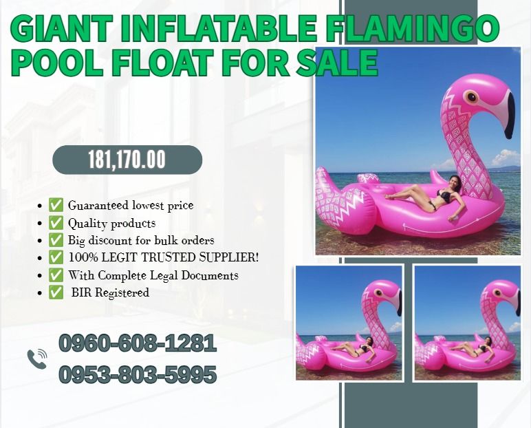 giant inflatable flamingo pool float for sale (Category: Everything Else Others) located in Aroroy. Submitted by 09602831019 (Listing ID 1466826830, Image 1). Description: ●Size:6.5mL x 6.2mW x 5mH (6 to 8 persons) ●Material 1). 0.65mm PVC tarpaulin: 181,170 ●Gross Weight: 110KG ●Packing Size: 0.8CBM ●Material 2). 0.9mm PVC tarpaulin: 194,590 ●Gross Weight: 130KG ●Packing Size: 1.0CBM ●Air Pump (CE 220v-240v/UL 110v-120v): Extra 5,368 ●Repair Kit