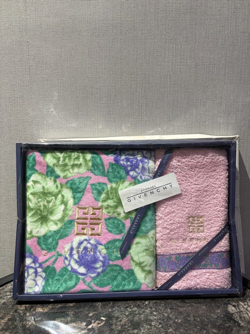 Givenchy Towel Set Floral Pattern in Box (Category: Bedding & Towels) located in Manila. Submitted by foundhouseph (Listing ID 1466929351, Image 1). Description: - Brand: Authentic Givenchy towel set -Price: 750php - Includes: 2 premium towels with pink, green, and purple floral prints - 1 bath towel and 1 long face towel -Size: Bath Towel: 120x60cm. Face Towel: 74x33cm - Details: Features elegant embroidered logo accents - Packaging: Comes in or
