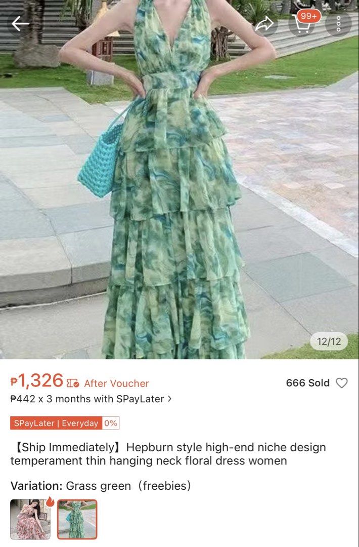 Green Tiered Halter Maxi Dress (Category: Dresses) located in Las Pinas. Submitted by fabmommas (Listing ID 1466869462, Image 1). Description: - Color & Pattern: Grass green with a watercolor abstract print - Style: Halter neck, deep V-cut, zippered, tiered ruffles, can be worn in different styles - Fabric: Lightweight, flowy chiffon that moves beautifully - Occasion: Ideal for vacations, beach trips, and outdoor photoshoots - Condition: Worn onc