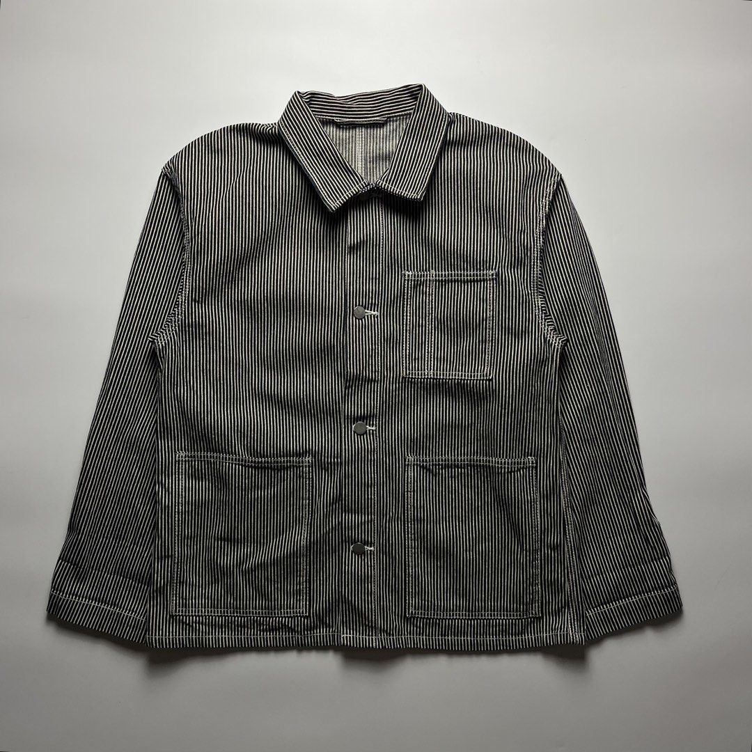 GU Hickory Stripe Chore Jacket (Category: Coats, Jackets and Outerwear) located in Manila. Submitted by streetsavvy (Listing ID 1466870137, Image 1). Description: GU Hickory Stripe Chore Jacket Size: Width: 21” Length: 28.5” Shoulder: 20.5” Sleeve Length: 23.5” Hem: 23” Measured in Inches Condition: Excellent condition Flaw: none Made in Indonesia.