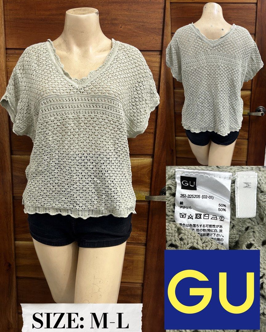 GU Knit Top Sage Green Size M-L (Category: Sleeveless) located in Valencia. Submitted by crizzagella20 (Listing ID 1466961937, Image 1). Description: - Brand: GU - Size: M to L - Color: Sage green - Material: 50% cotton, 50% acrylic blend - Design: Short cap sleeves, V-neckline, and open-weave pattern - Details: Charming scalloped trim along the neckline and hem - Condition: Excellent / Ready to wear.