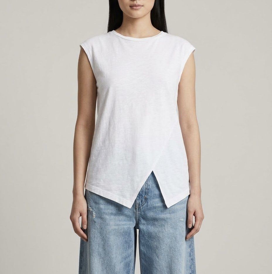 GU White Asymmetrical Split Front Top (Category: Sleeveless) located in Caloocan City. Submitted by declutteringph. (Listing ID 1466839077, Image 1). Description: Size S on the tag! Dimensions: (inches) Bust width: 19” Body Length: 31”.