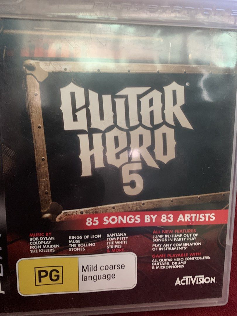 Guitar Hero 5 PlayStation 3 PS3 Game (Category: PlayStation) located in Makati City. Submitted by emenem.m (Listing ID 1466828722, Image 1). Description: - Platform: Sony PlayStation 3 (PS3) - Tracklist: 85 hit songs by 83 legendary artists including Bob Dylan, Coldplay, Muse, Rolling Stones, and more - Gameplay: Party play mode with instant drop-in/drop-out capability - Compatibility: Works with standard guitar, drum, and microphone controllers 