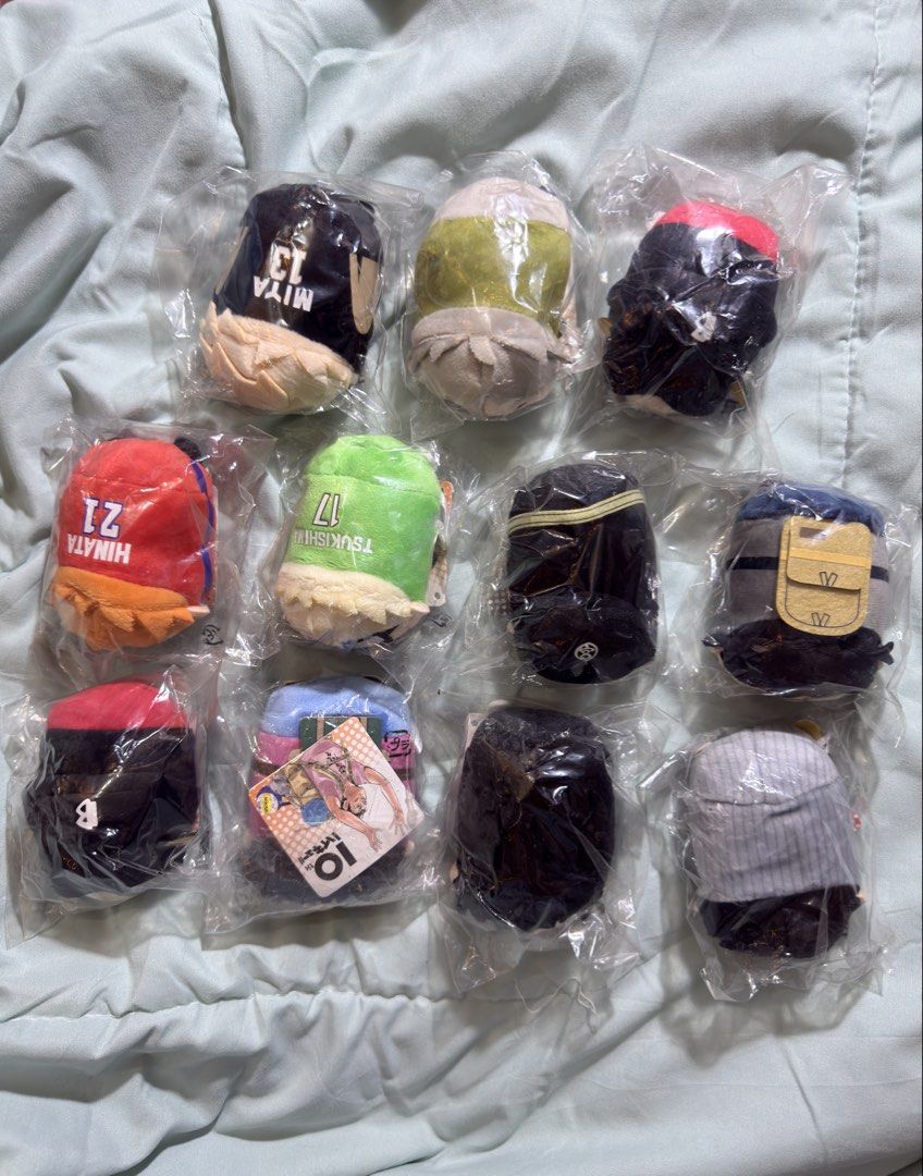 Haikyu 10th anniversary noru (Category: Plushies & Soft Toys) located in Taguig. Submitted by wtfprkjm (Listing ID 1466902595, Image 1). Description: All brand new with tags. Never opened. List Php 600 ea Hinata Osamu Miya Atsumu Miya Kenma (2) Akaashi Tsukisihma Php 300 ea Kita Kuroo Nishinoya.