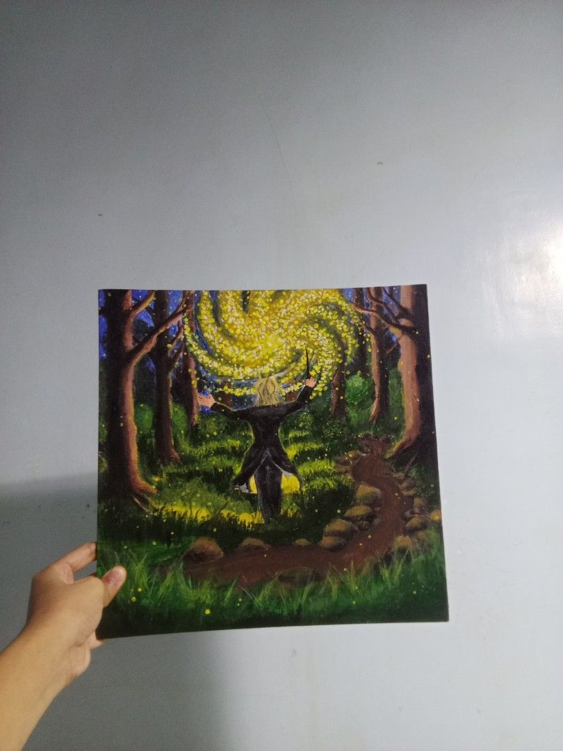 Handmade forest magic canvas painting (Category: Wall Decor) located in Manila. Submitted by mwart.s (Listing ID 1466873638, Image 1). Description: - Original hand-painted acrylic artwork on canvas by a local artist - Features a figure in a dark coat casting a bright yellow magic swirl in a lush green forest - Square format, unframed canvas piece - Great statement piece for room decor or for fantasy art collectors - pick up available or shipped v